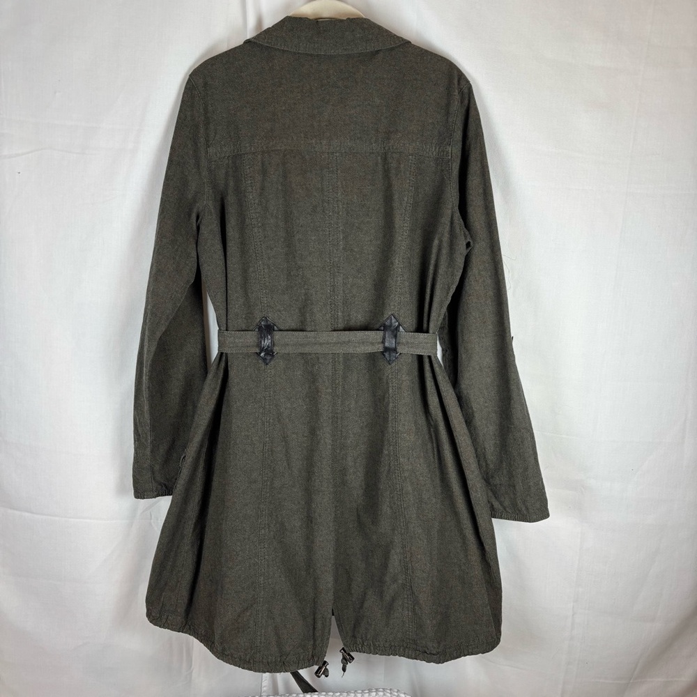 DKNY Olive Linen Trench Jacket w\ Belted Waist 4 Pockets 3/4 Sleeve Roll | Small - Picture 4 of 16